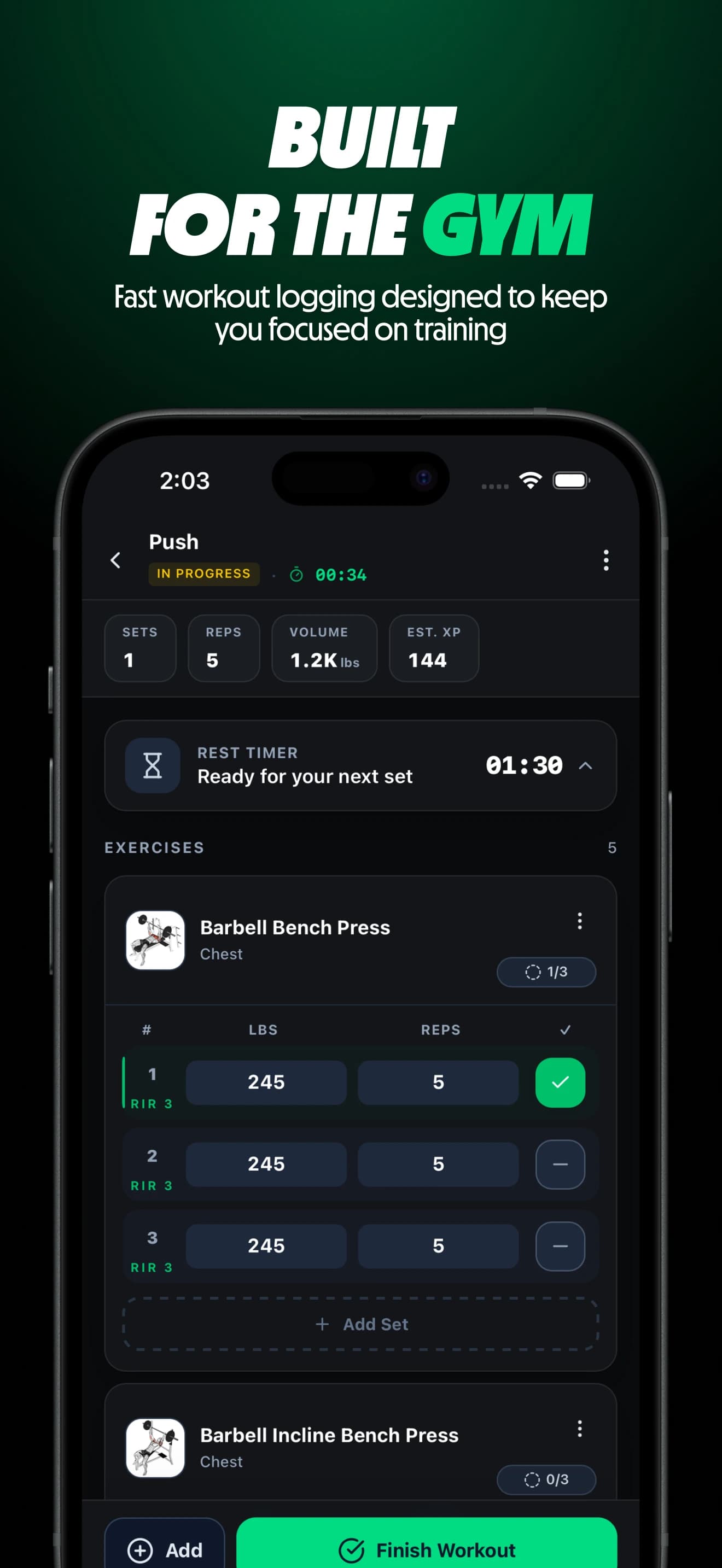 Repvia workout logging screen with exercises, sets, reps, and weight