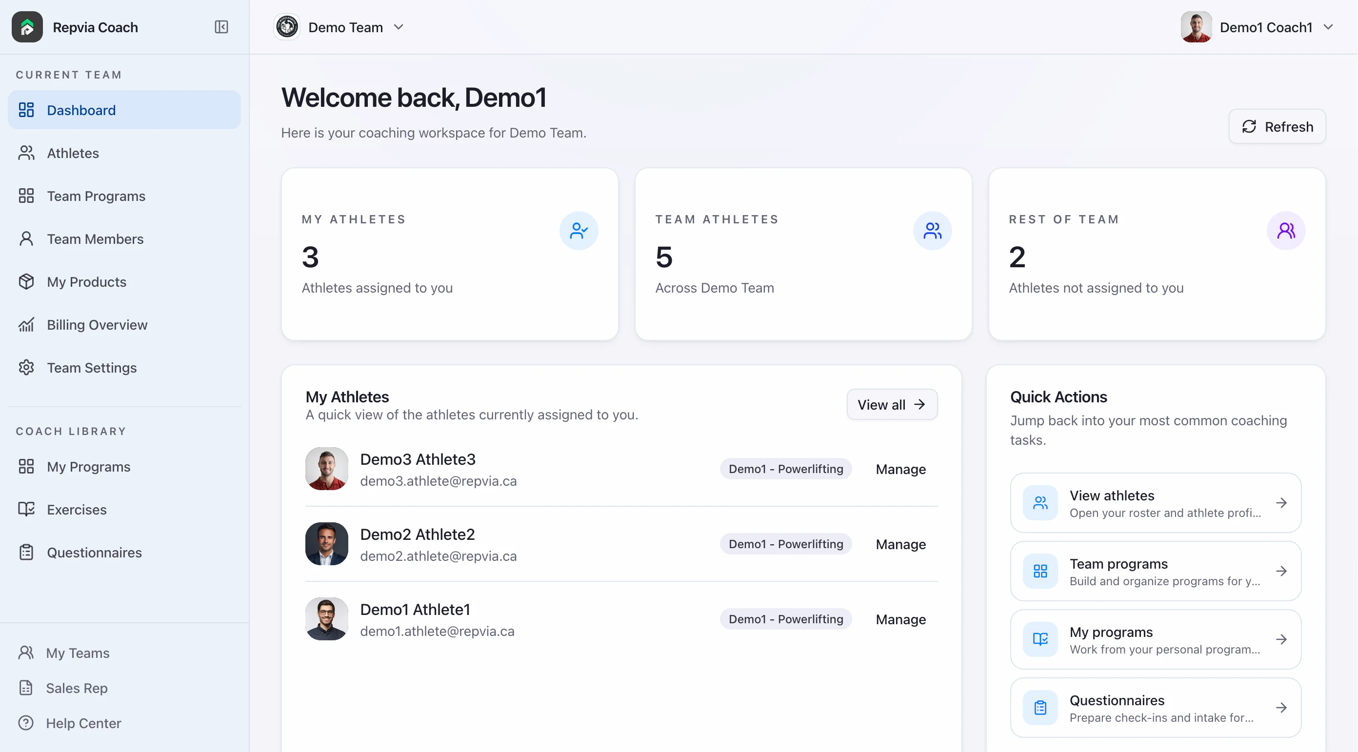 Repvia Coach workspace with athlete roster, team activity, and coaching tools
