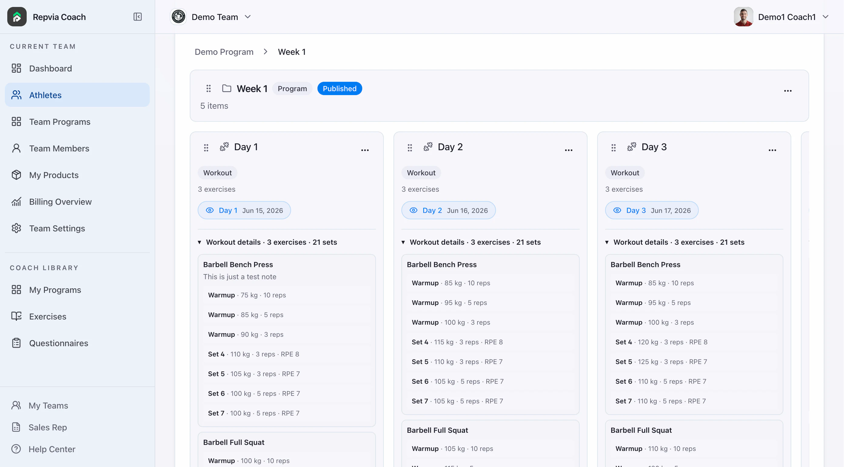 Repvia Coach athlete profile and program library