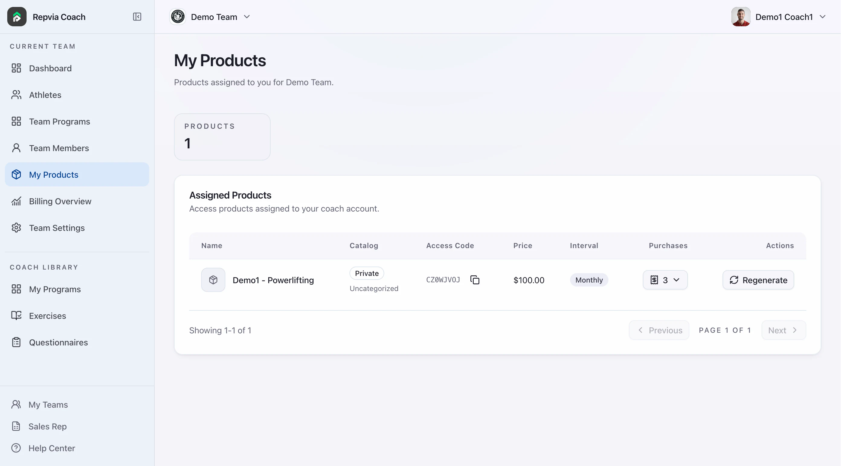 Repvia Coach product and subscription management page