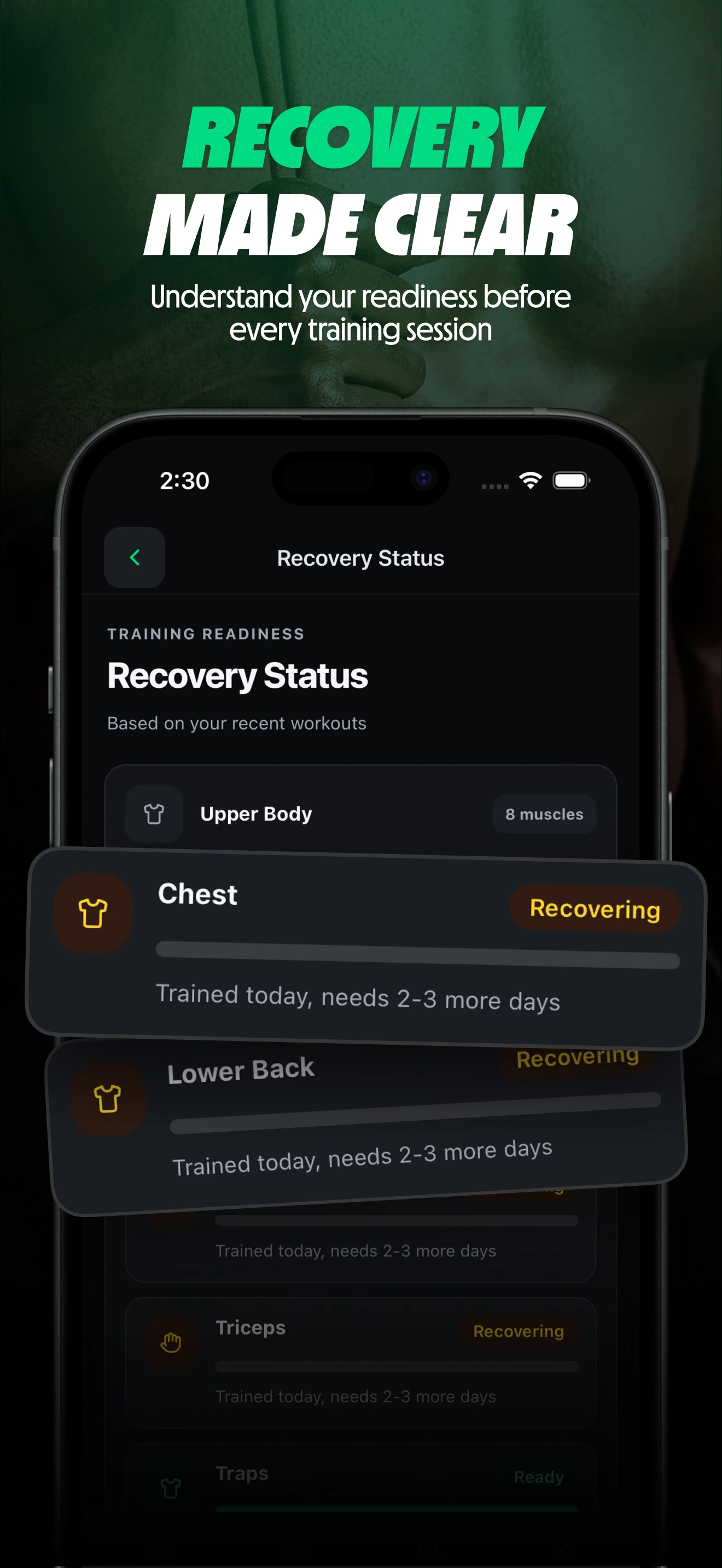Repvia App Store preview showing muscle recovery status