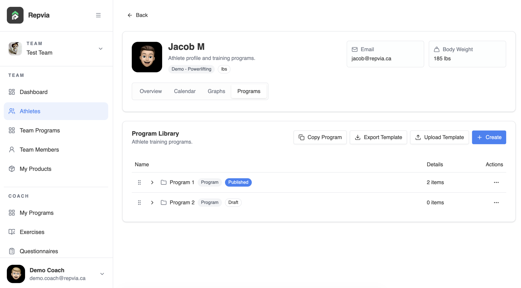 Repvia Coach athlete profile and program library
