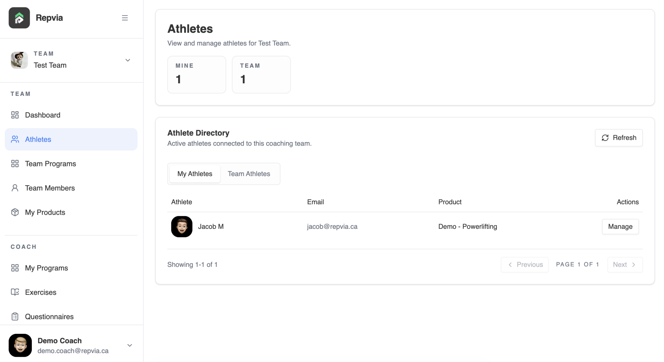 Repvia Coach athlete directory