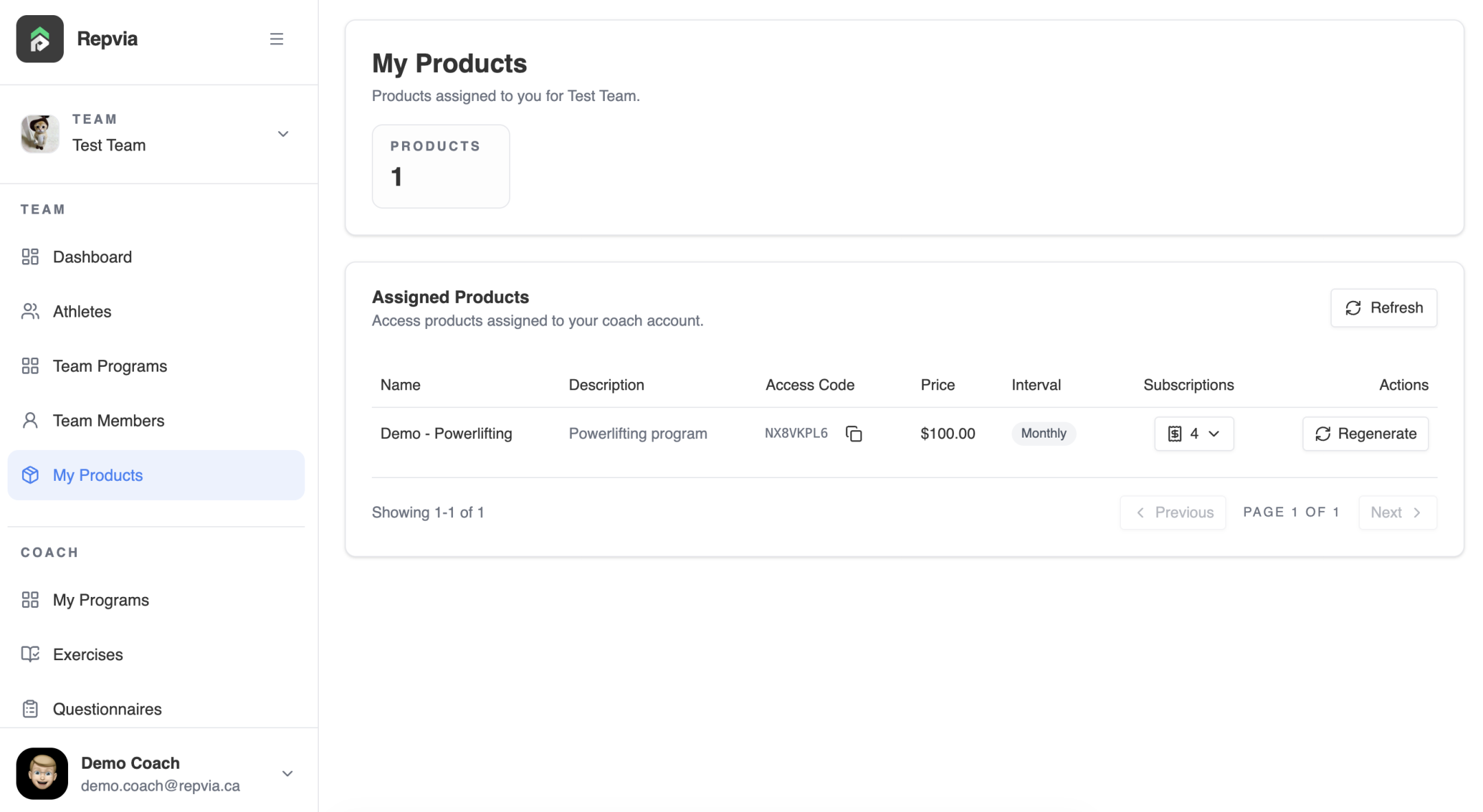 Repvia Coach product management page