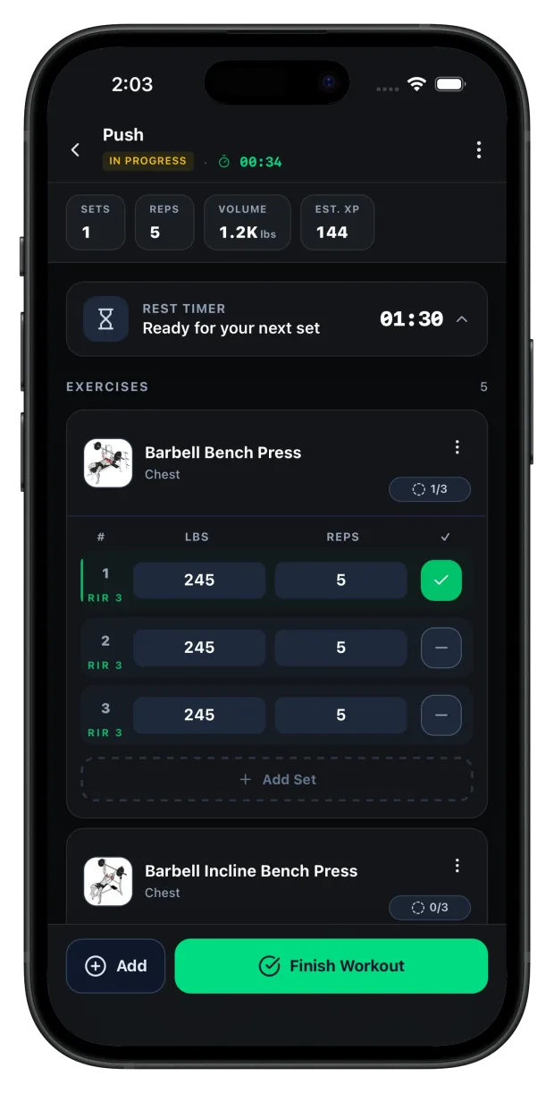 Repvia workout screen showing exercises and logged sets